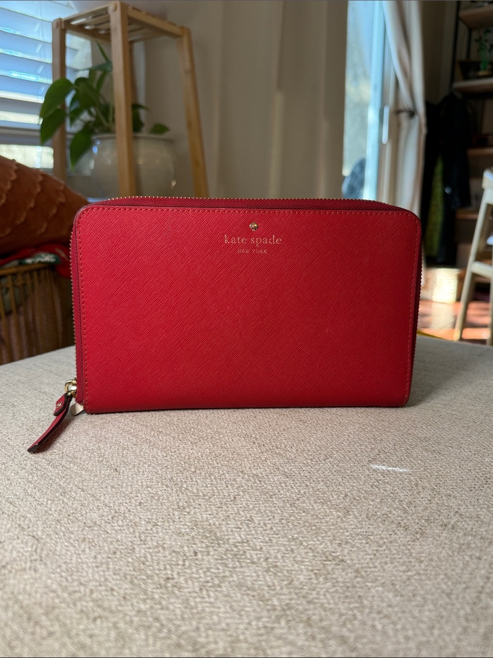 kate spade Large Red Saffiano Zip-around Clutch Oversized Wallet with gold logo